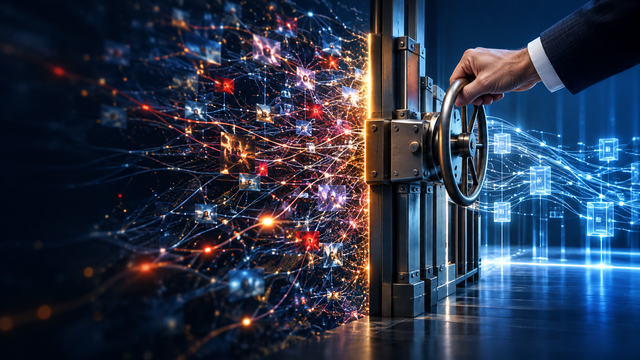 Human hand controlling a security gate between a chaotic network of AI-connected data and a protected digital system.