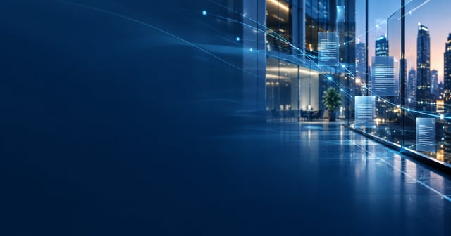 Abstract blue AI data pathways over a modern office setting
